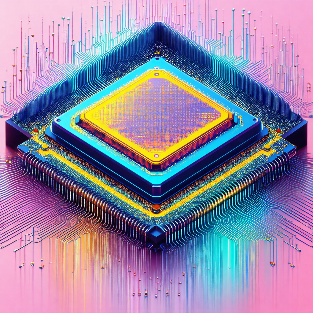 Close-up of a computer chip with a blue and yellow color ...