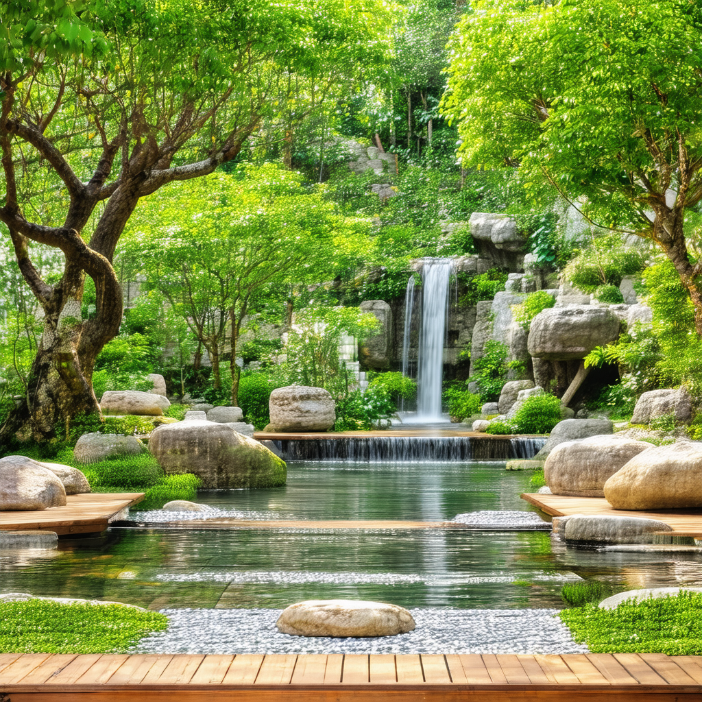 Serene scene of a waterfall surrounded by a forest