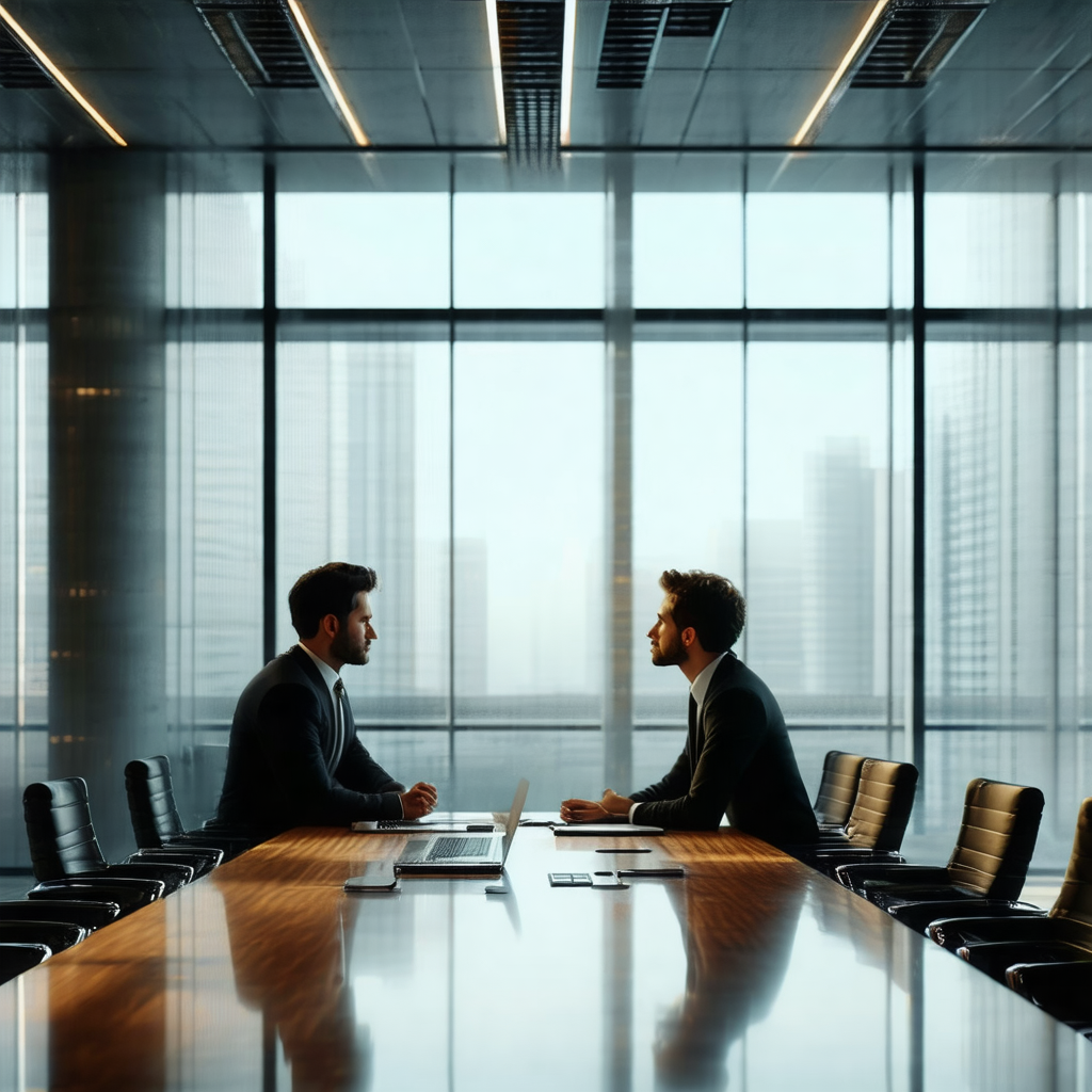 Conference room with two men sitting at a large wooden table
