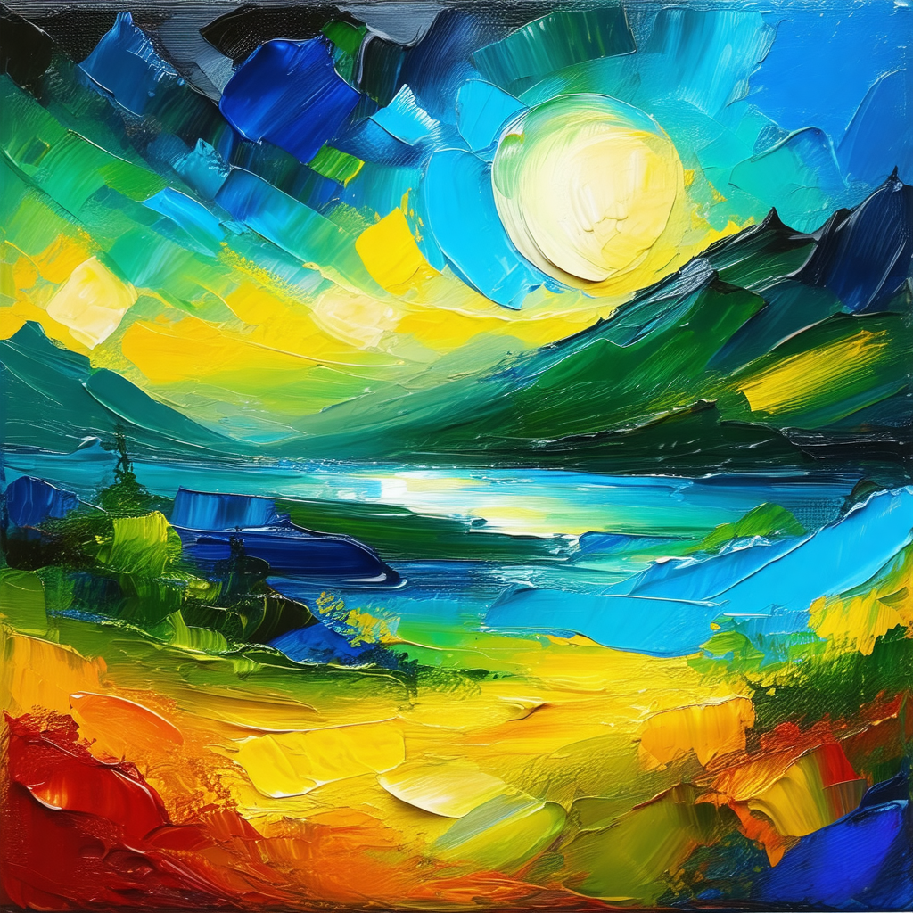 Painting of a beautiful landscape featuring a sunset over...