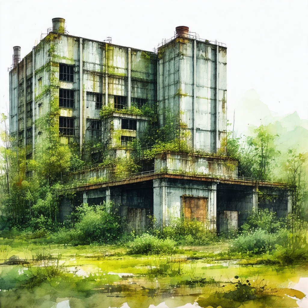 Painting of a large, old, and abandoned building