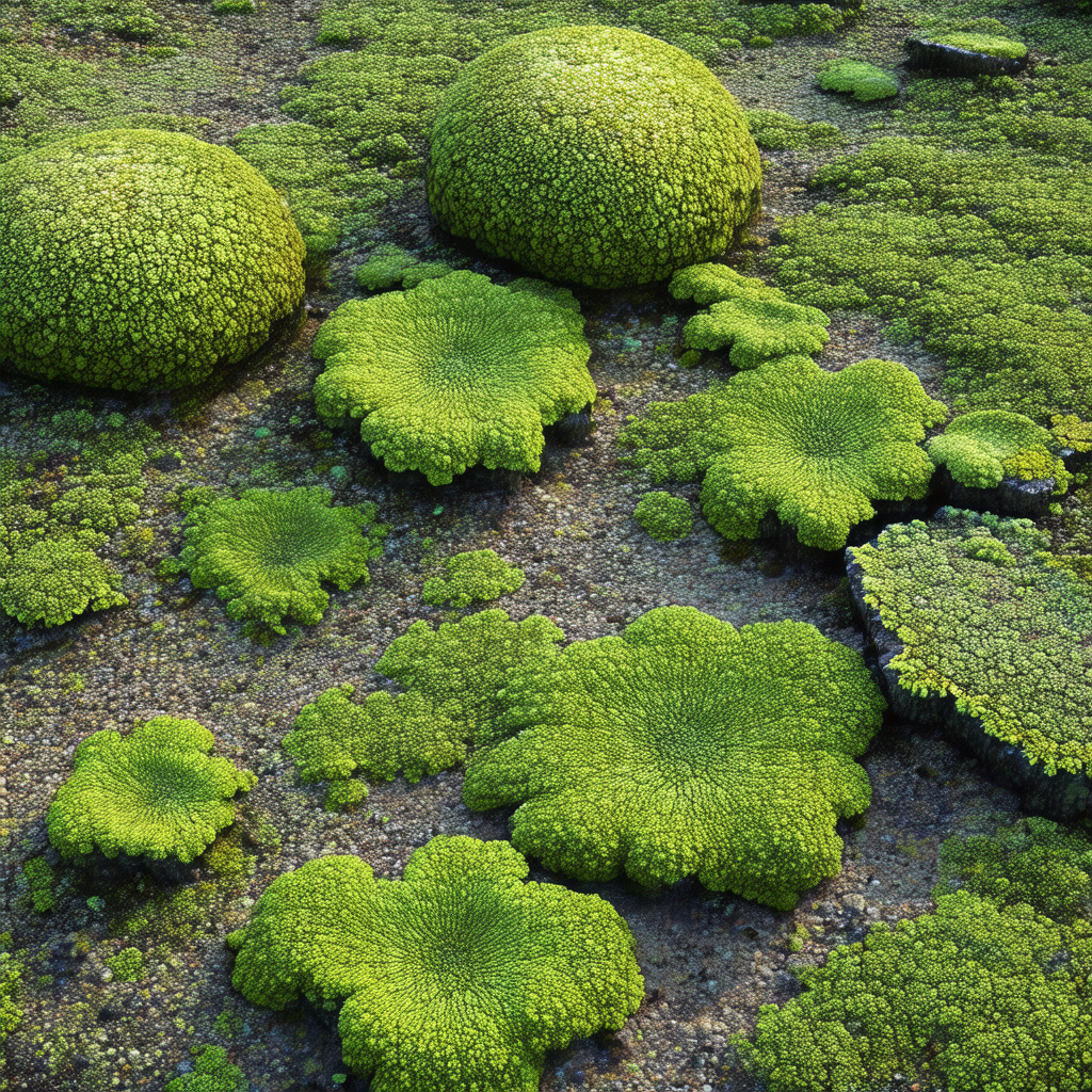 Lush green field with a variety of mossy plants and rocks...