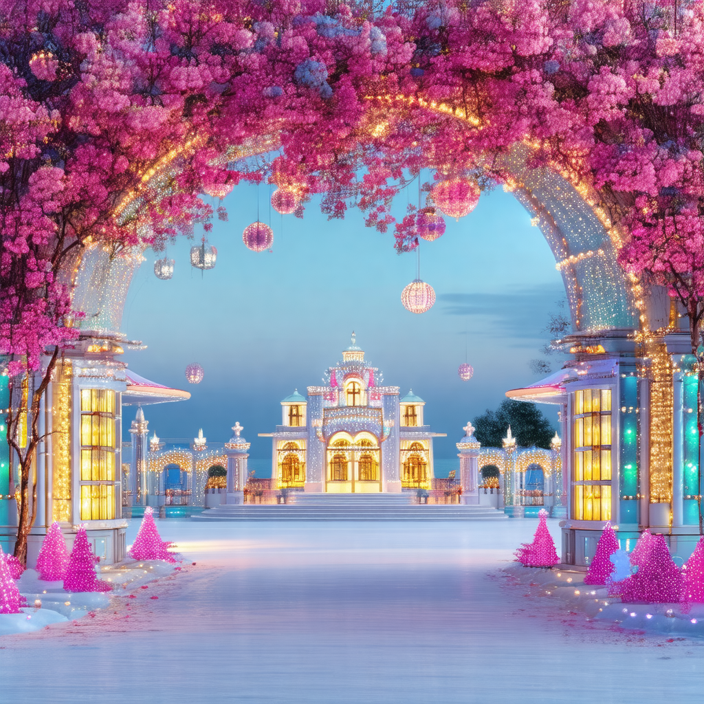 Beautifully lit up building with a pink and white color s...