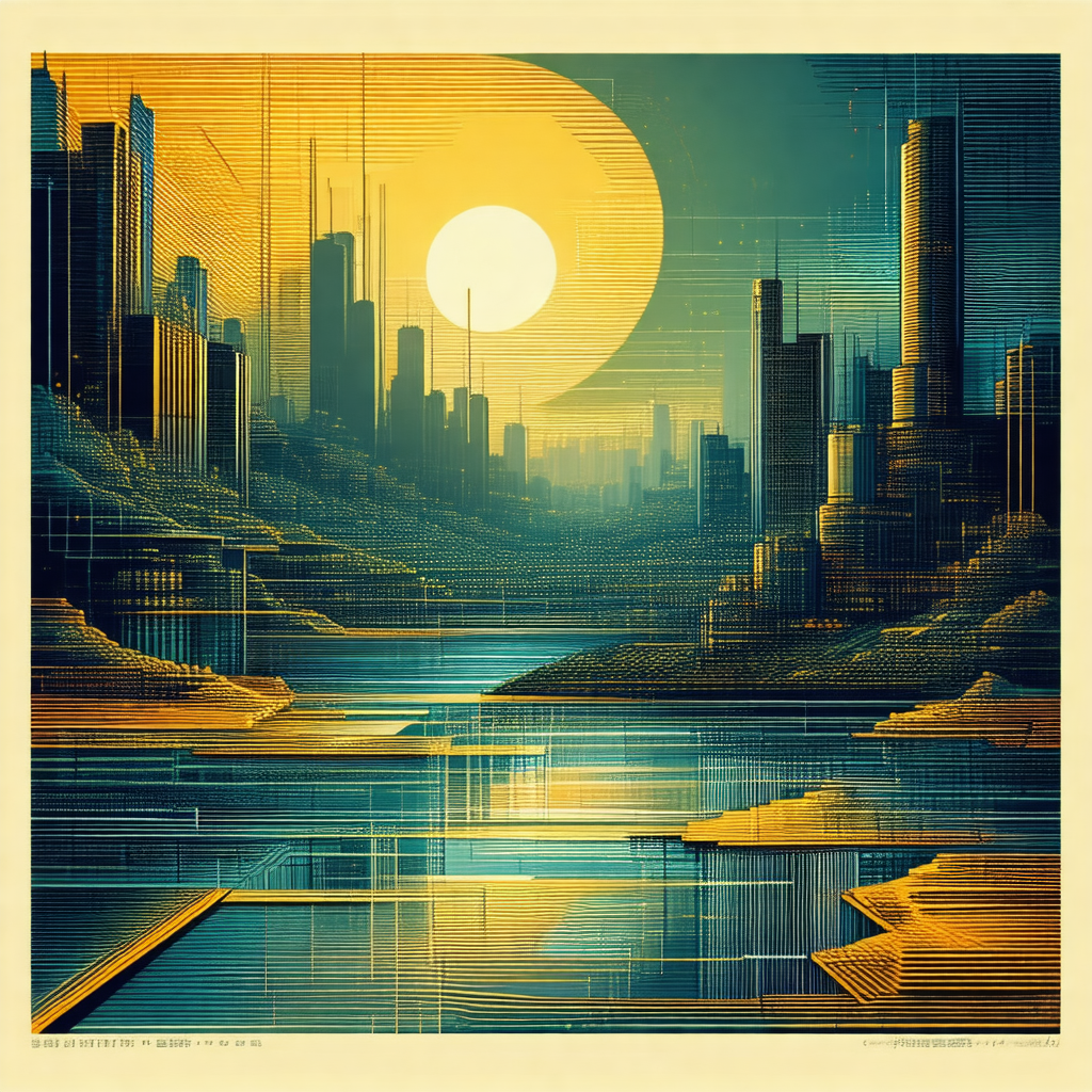 Futuristic cityscape with a large, illuminated building i...