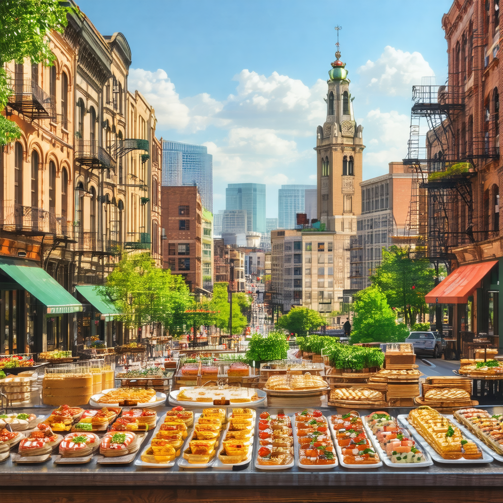Bustling city street filled with people and various food ...