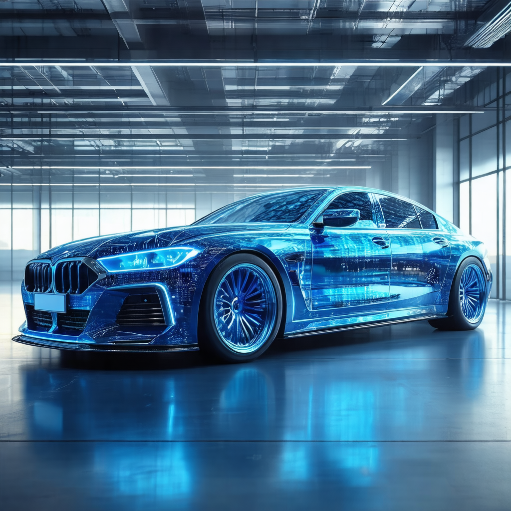 Sleek, blue sports car parked in a large, empty building