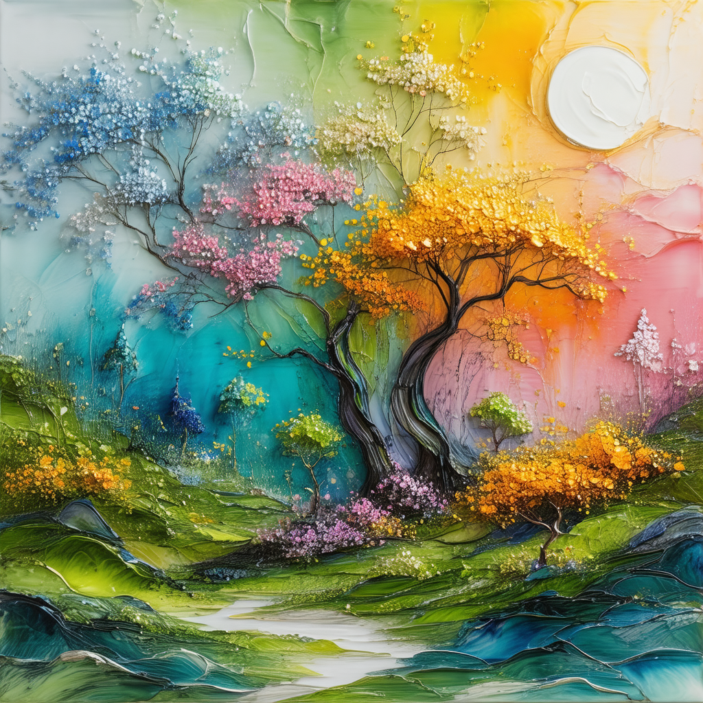 Painting of a forest with a tree in the center