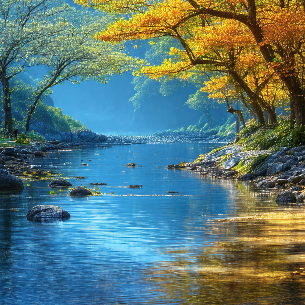 Serene scene of a river flowing through a forest