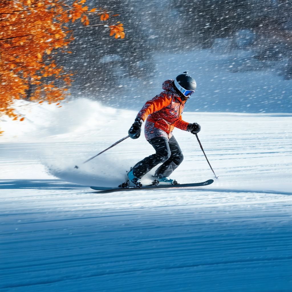 Captures a person skiing down a snow-covered slope