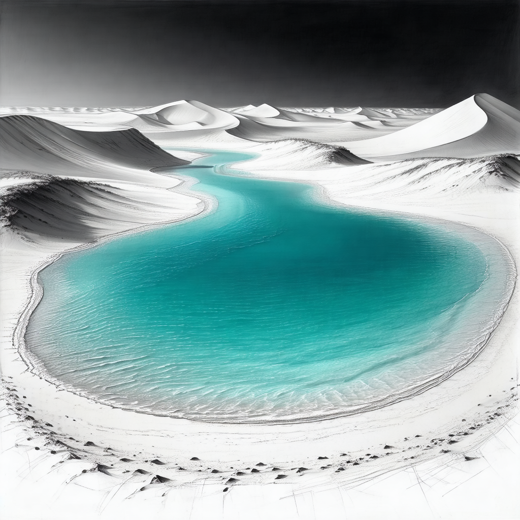 Black and white drawing of a large body of water, possibl...