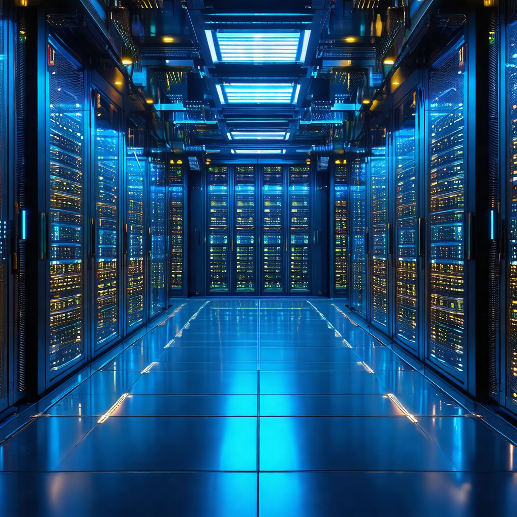 Large, blue-lit room filled with rows of computer servers