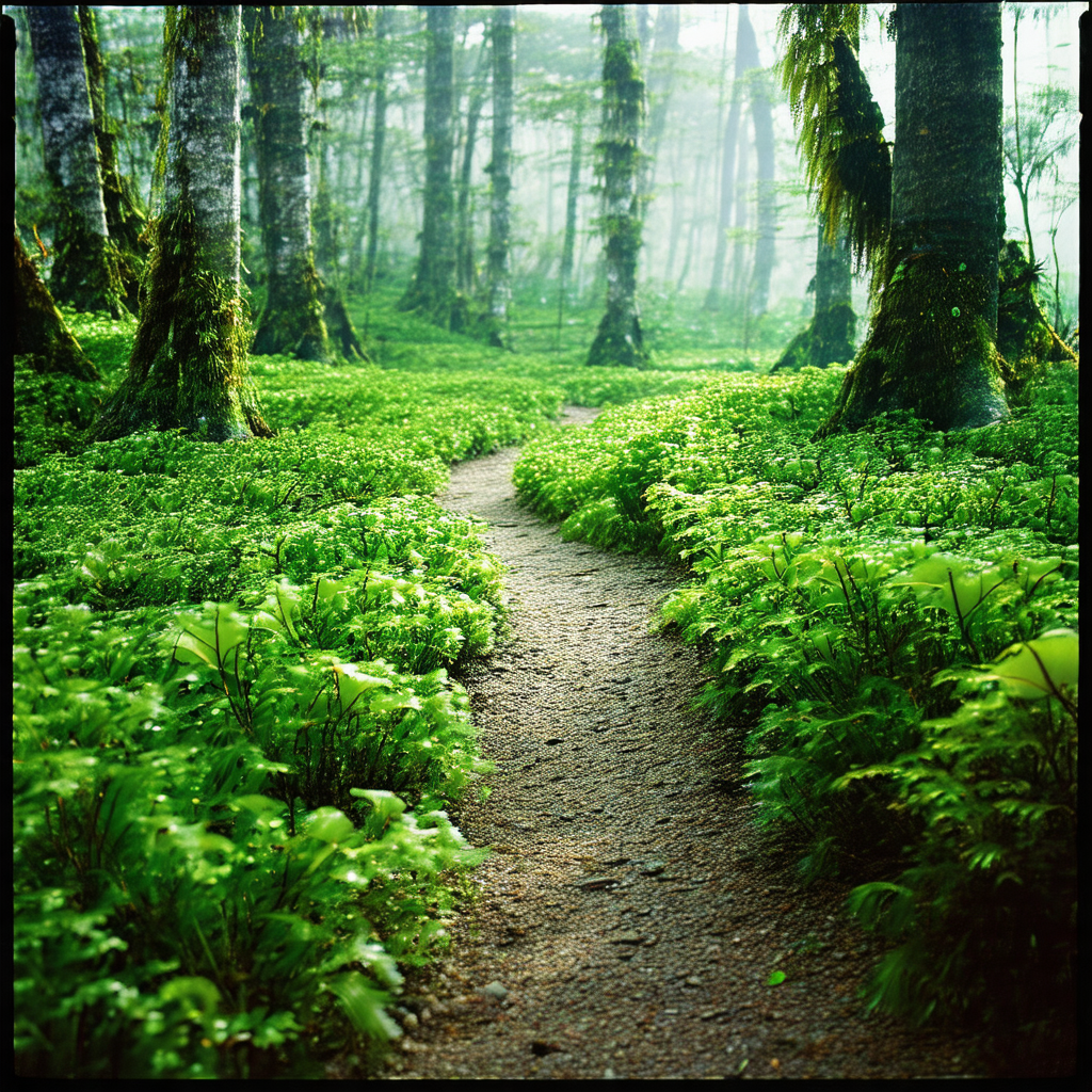 Lush green forest with a dirt path running through it
