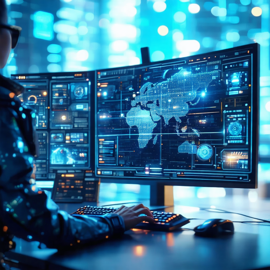 Person sitting in front of a large computer monitor, whic...