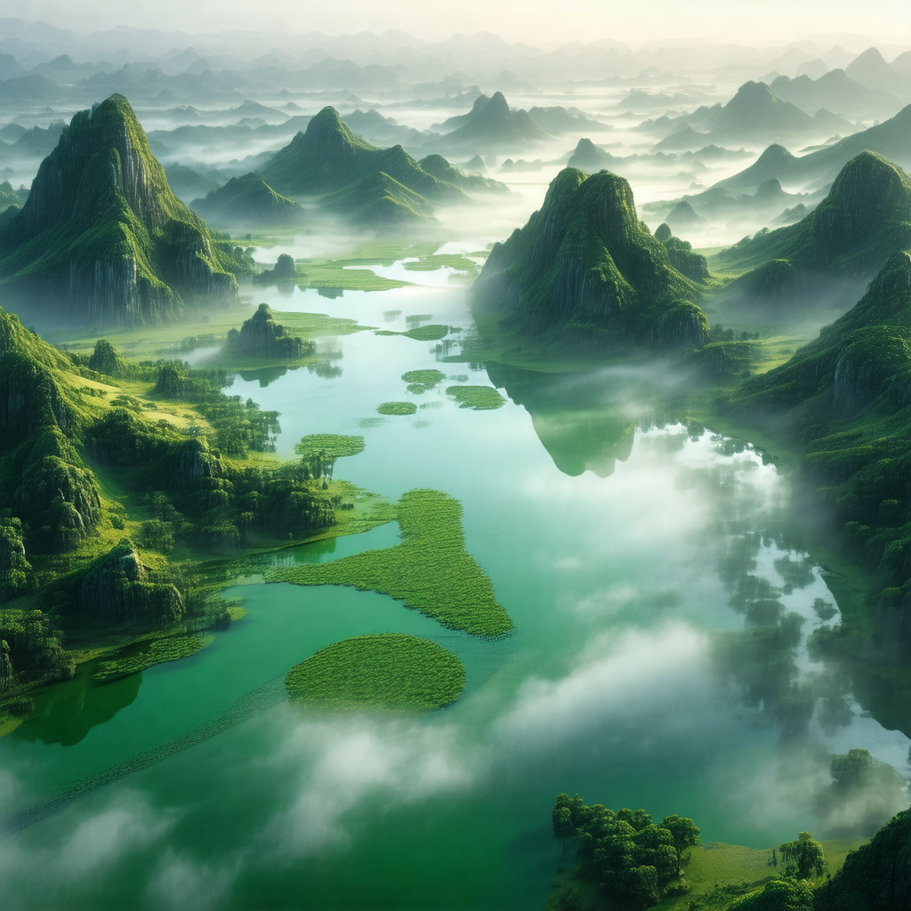 Serene landscape with a large body of water surrounded by...