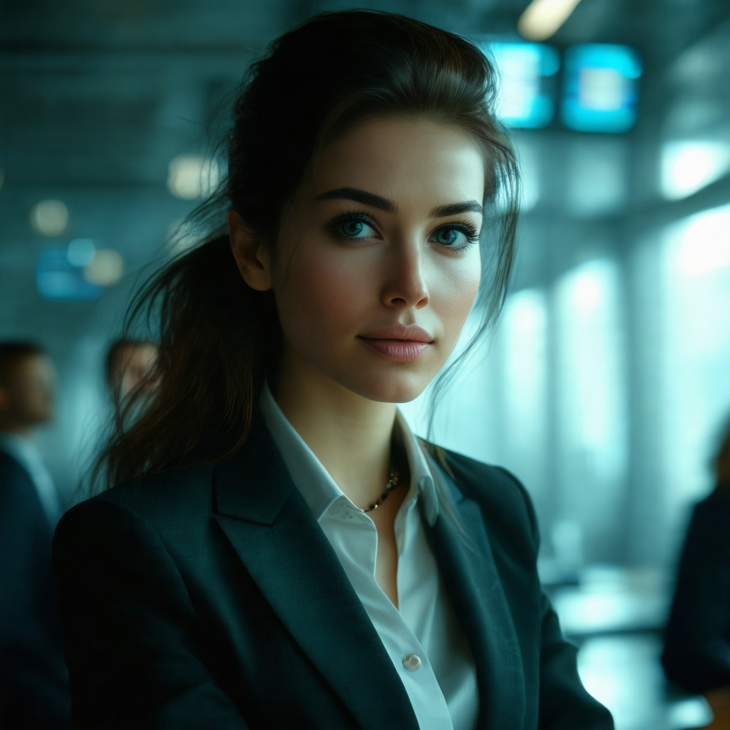 Woman wearing a suit and tie, standing in a room with a g...