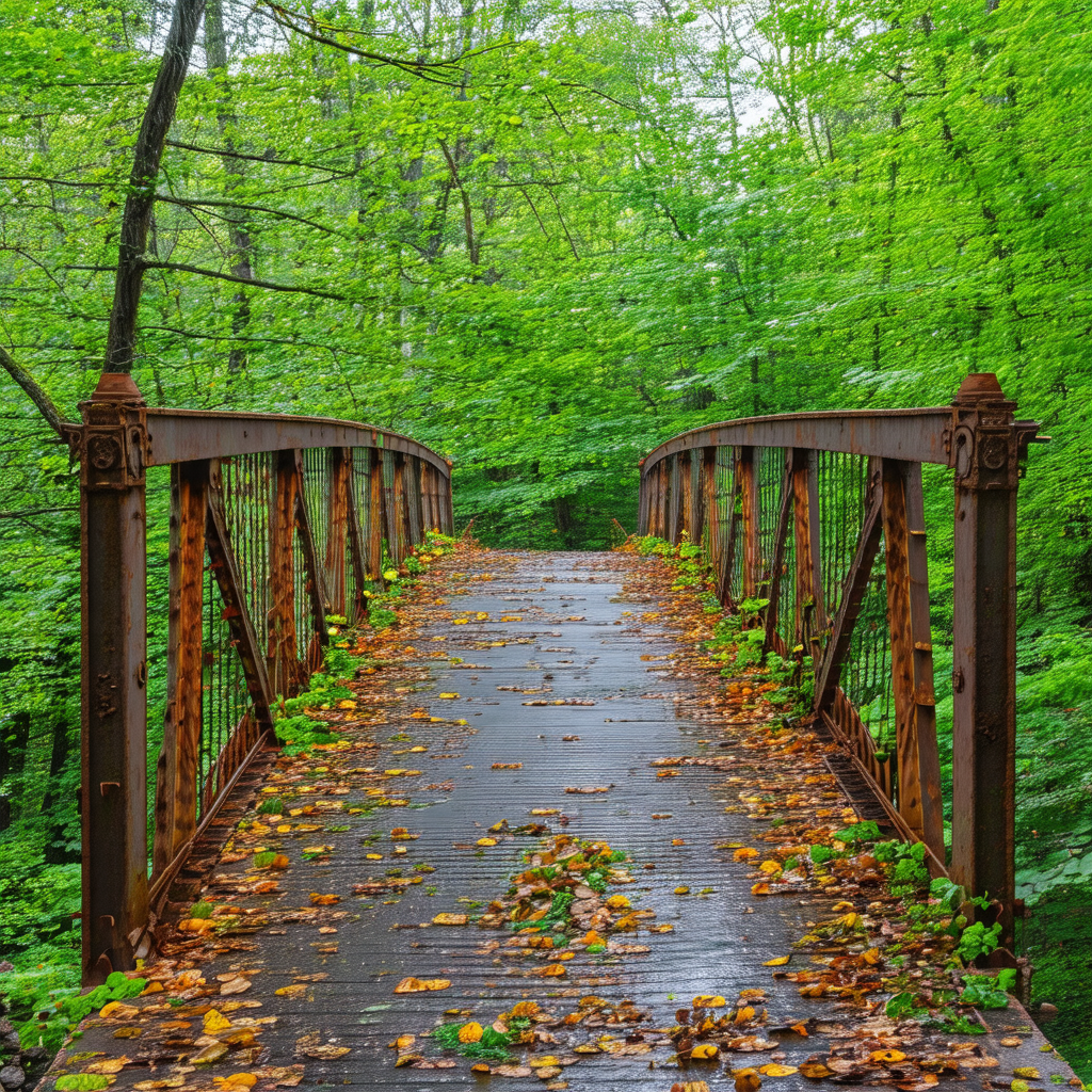 Rusty bridge with a wooden walkway