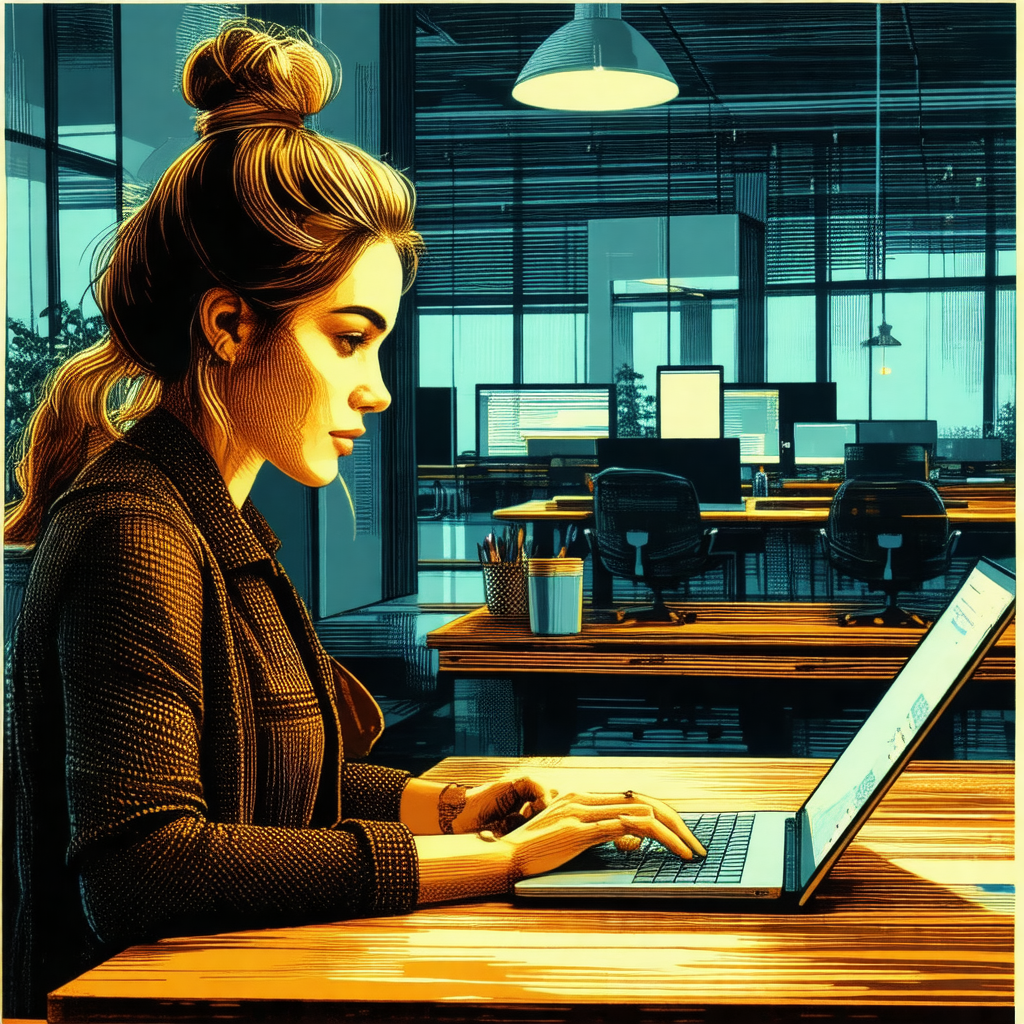 Colorful, hand-drawn illustration of a woman sitting at a...