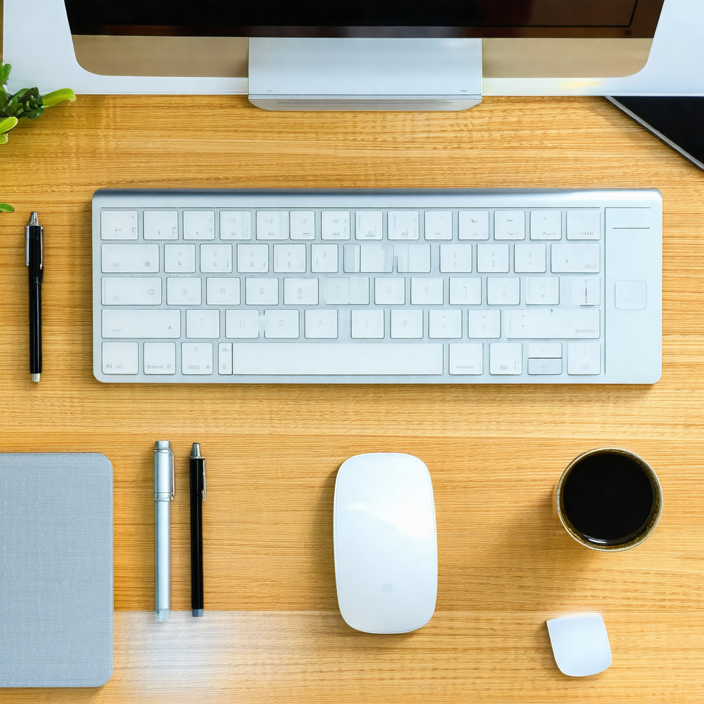 Wooden desk with a white keyboard and a mouse placed on it