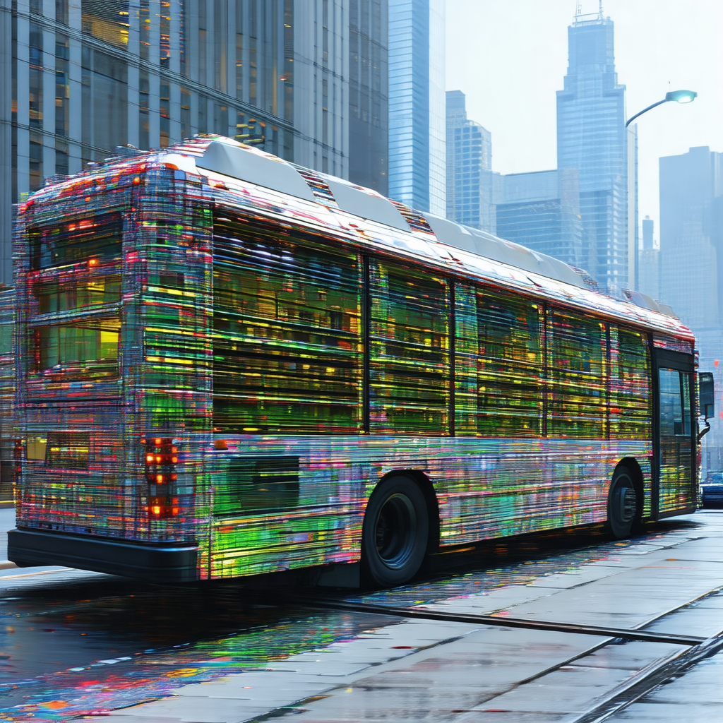 Large, colorful bus driving down a city street