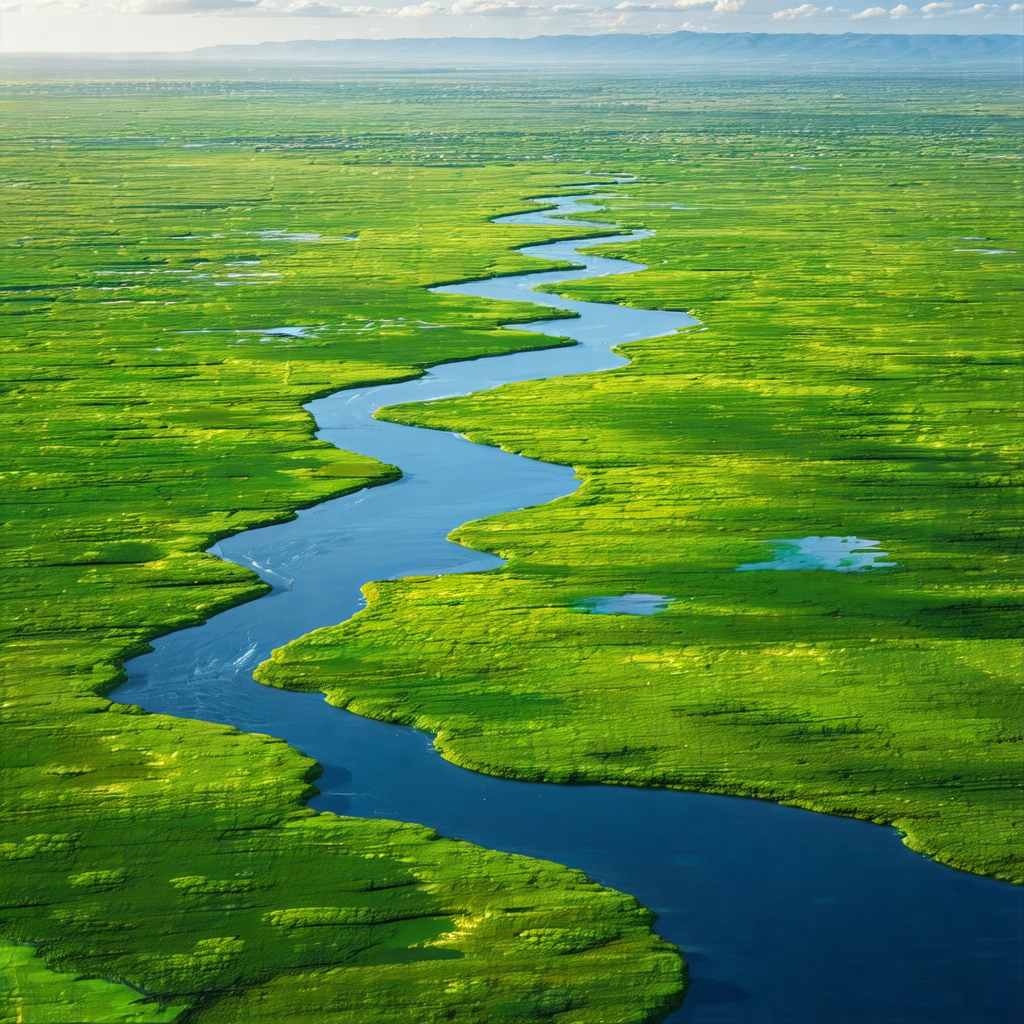 Large body of water with a river flowing through a lush g...