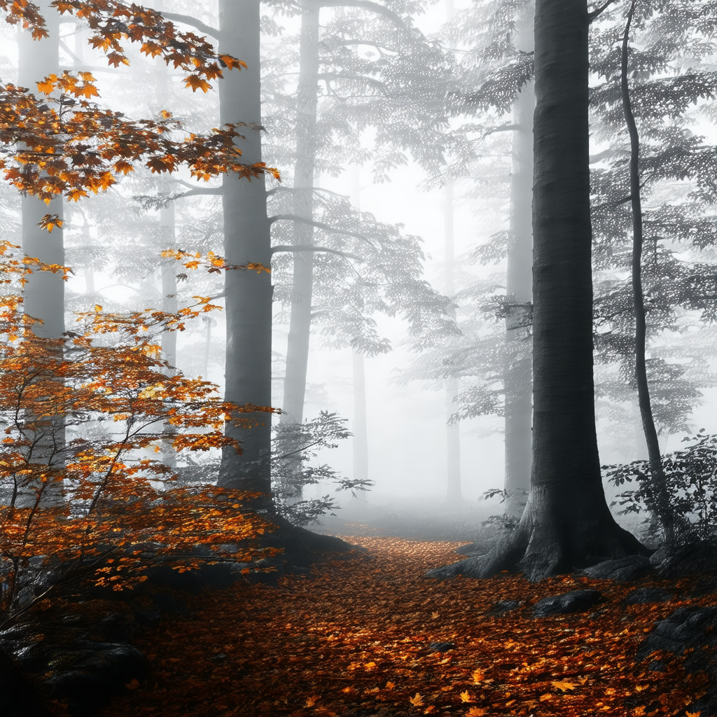 Forest path surrounded by trees, with a foggy atmosphere