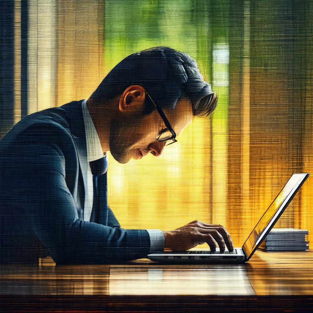 Man wearing a suit and tie, sitting at a desk and working...