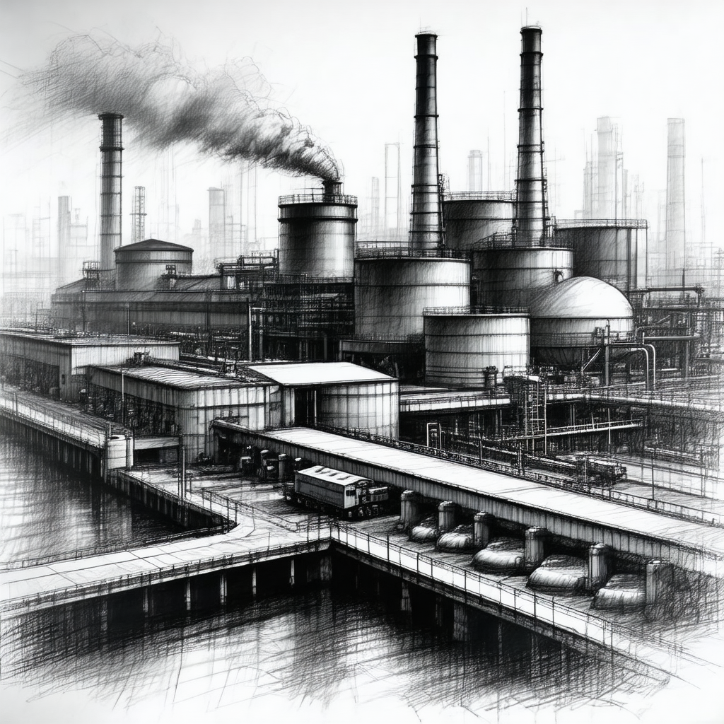 Black and white drawing of a factory with a large smokestack