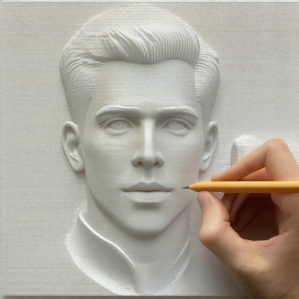 Person's face, likely a man, carved out of a white material