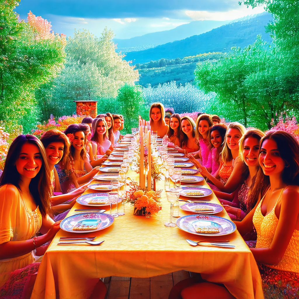 Large group of people gathered around a long dining table...