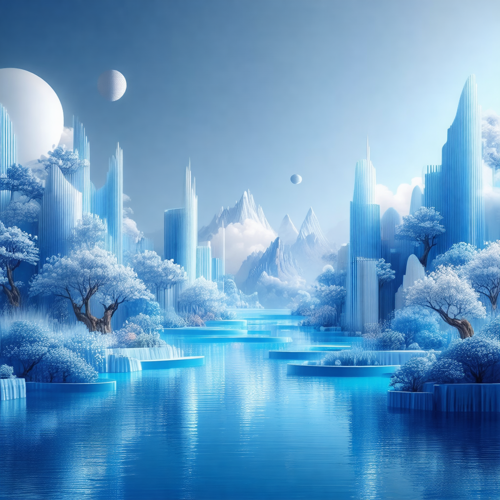 Futuristic, blue-toned landscape featuring a large body o...