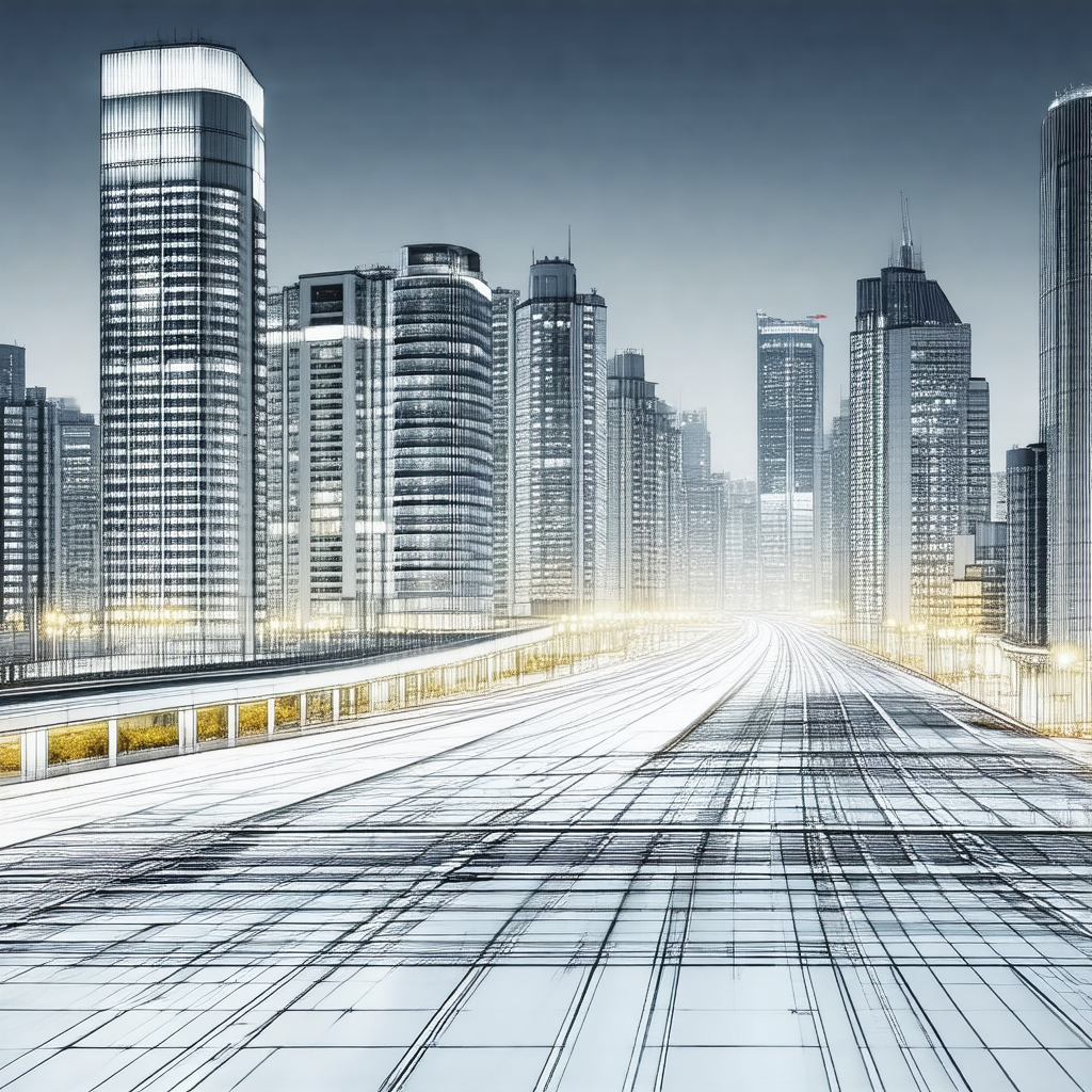 Black and white drawing of a city with a train running th...