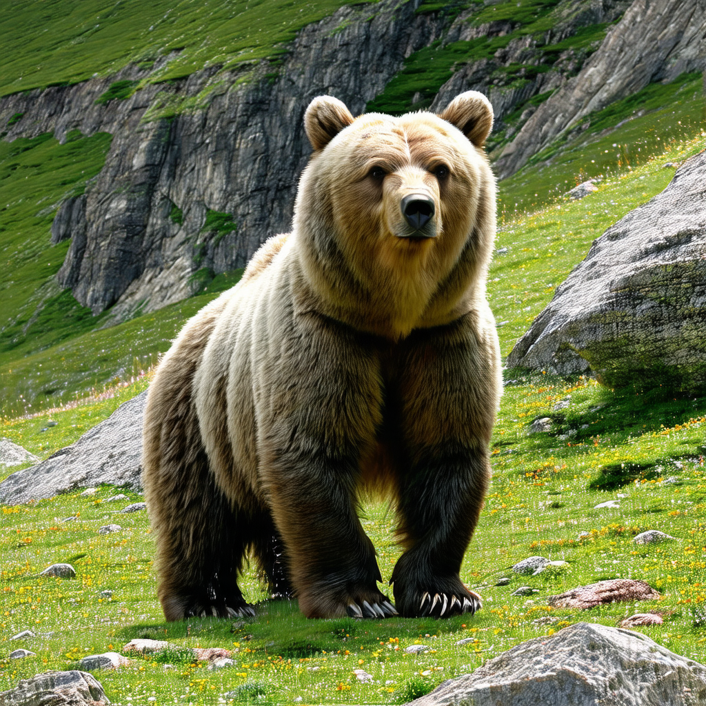 Large brown bear standing in a grassy field