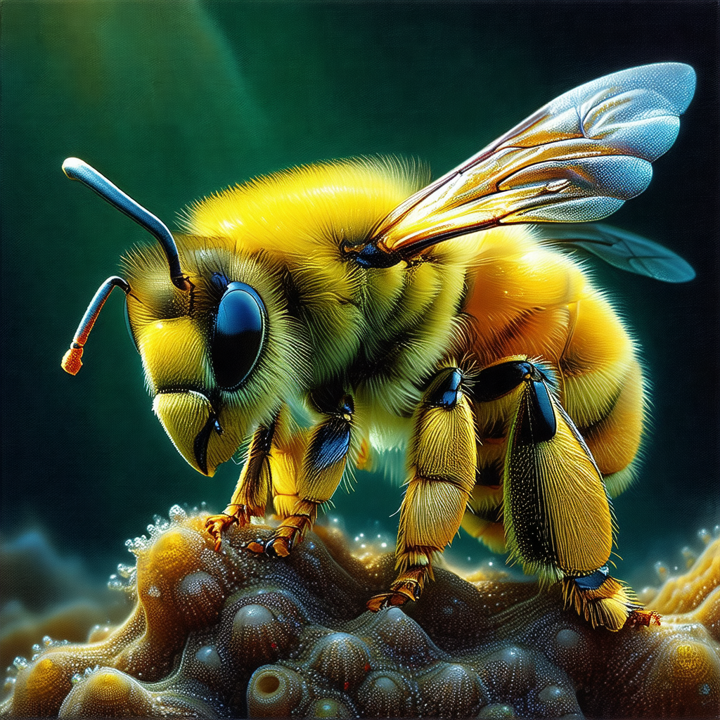 Yellow and black bee standing on a rock