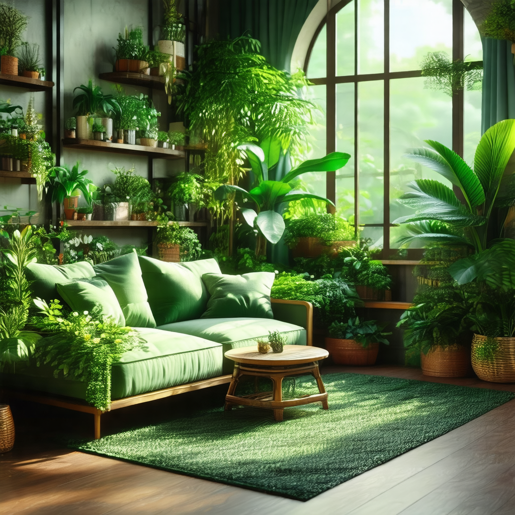 Cozy living room with a green couch and a wooden coffee t...