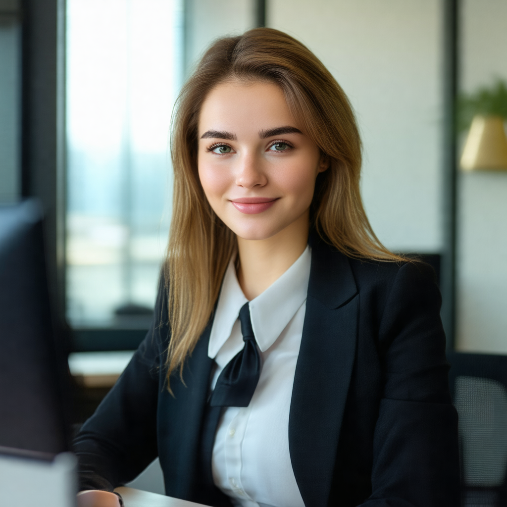 Beautiful young woman wearing a black suit and a white shirt