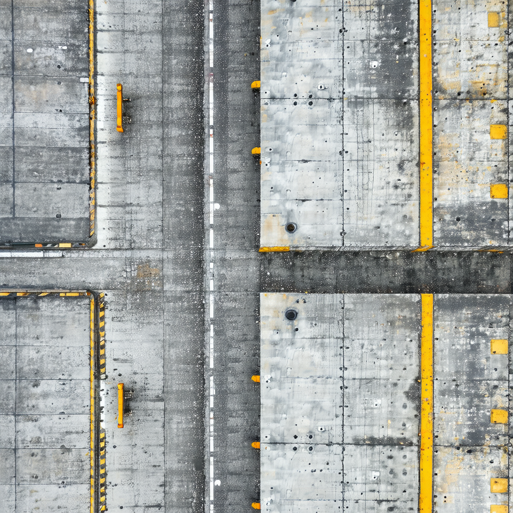 Black and white photo of a parking lot with a large numbe...