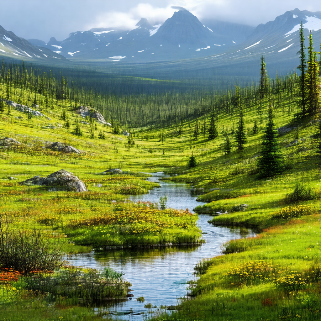 Beautiful mountain valley with a small stream flowing thr...