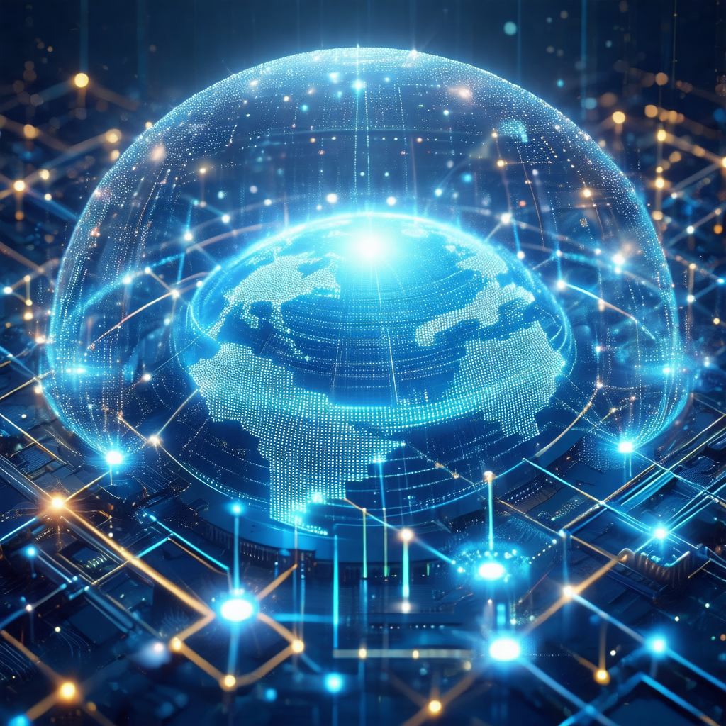 Blue, glowing globe of the earth, surrounded by a network...