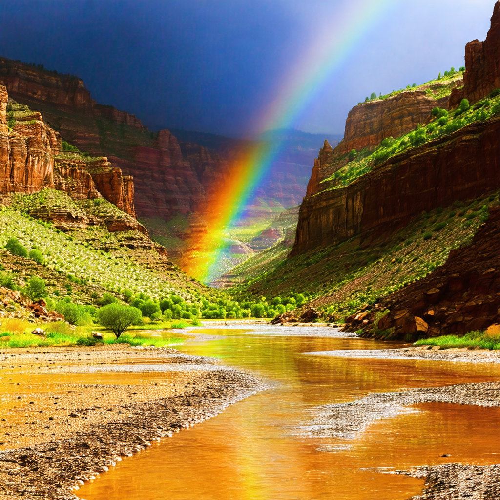 Beautiful rainbow in the sky, with the sun shining throug...