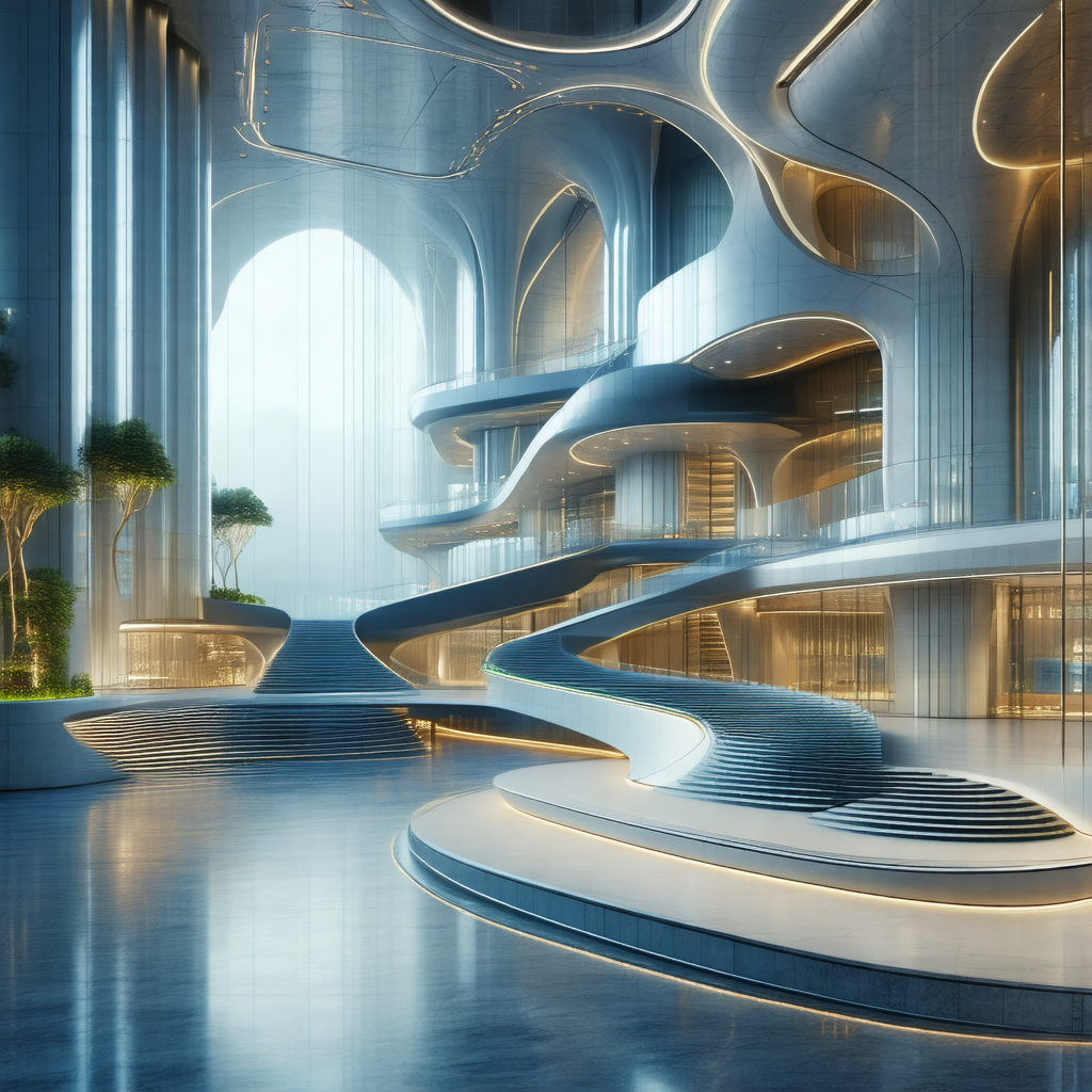 Large, modern building with a spiral staircase that leads...