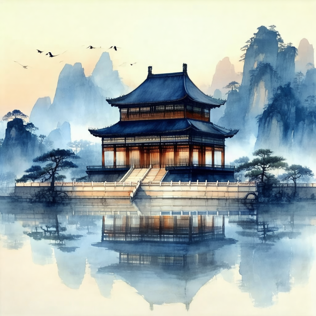 Large, ornate chinese building situated on a body of water