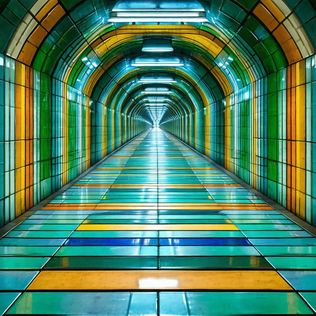 Long, colorful tunnel that appears to be a part of a subw...