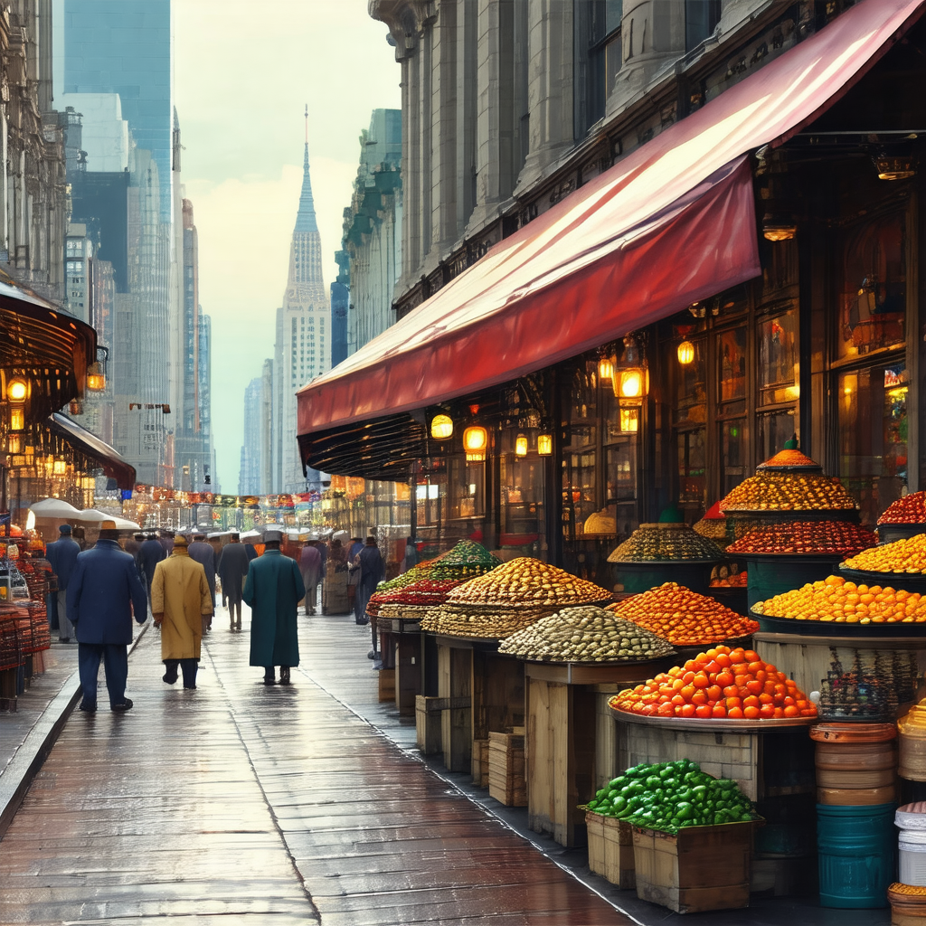 Bustling city street filled with people walking and shopping