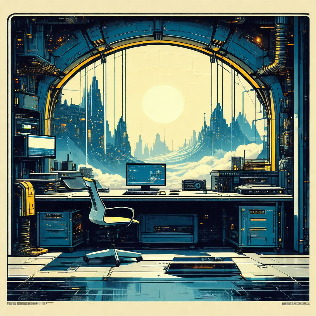 Futuristic drawing of a room with a large window