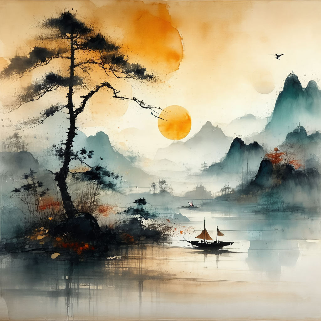 Serene scene of a small boat floating on a body of water,...