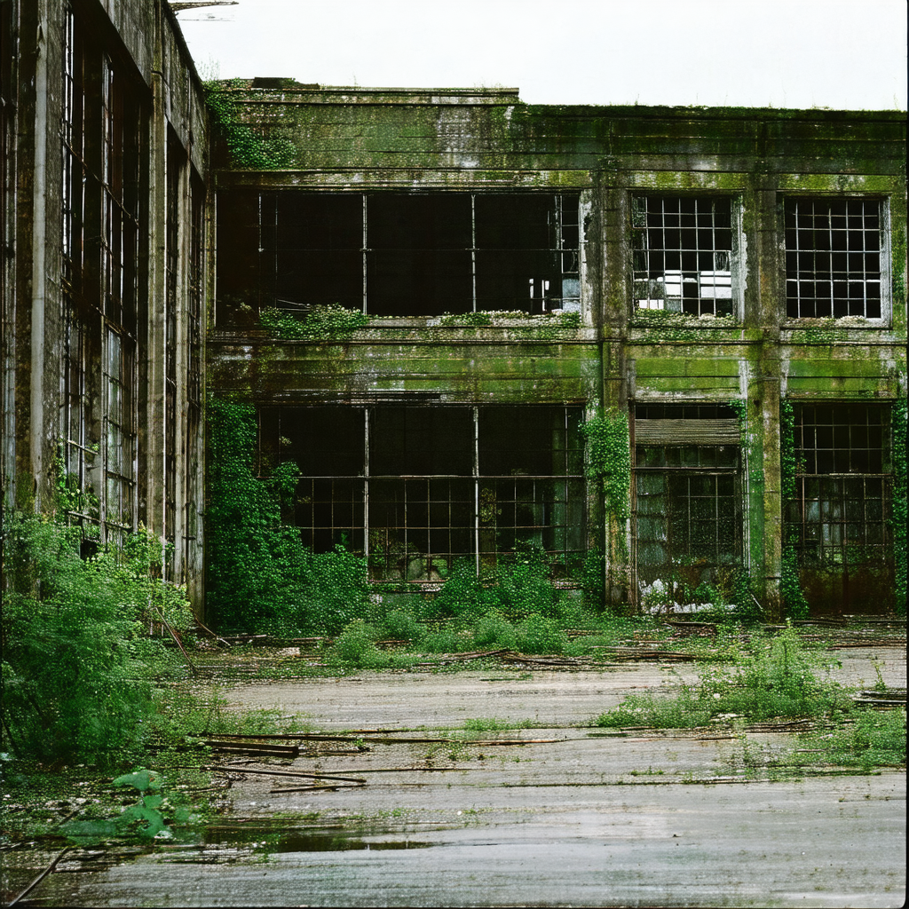 Large, abandoned building with a green roof