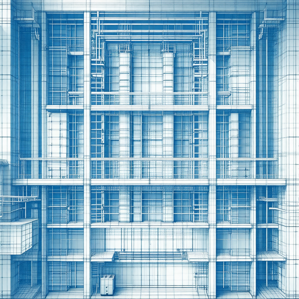 Blue, wire-frame drawing of a large building