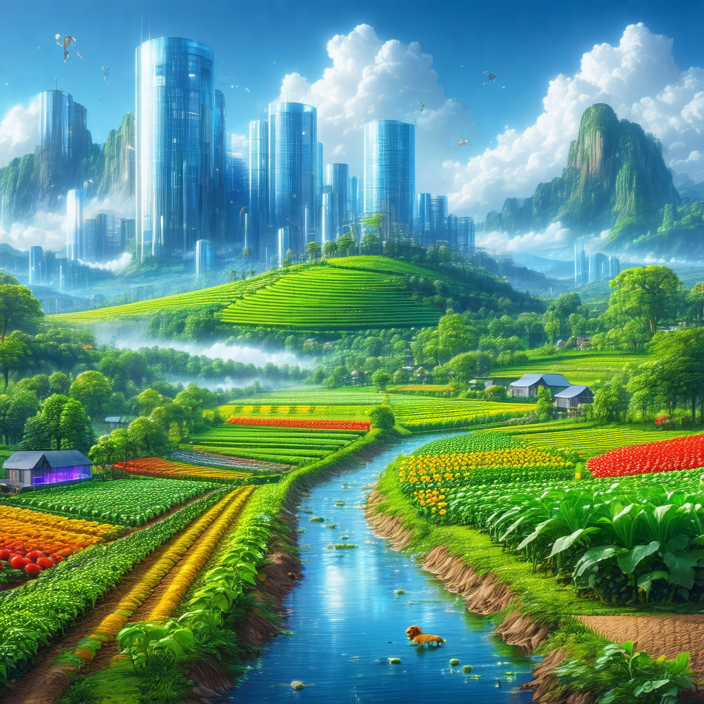 Colorful and detailed painting of a lush green valley wit...