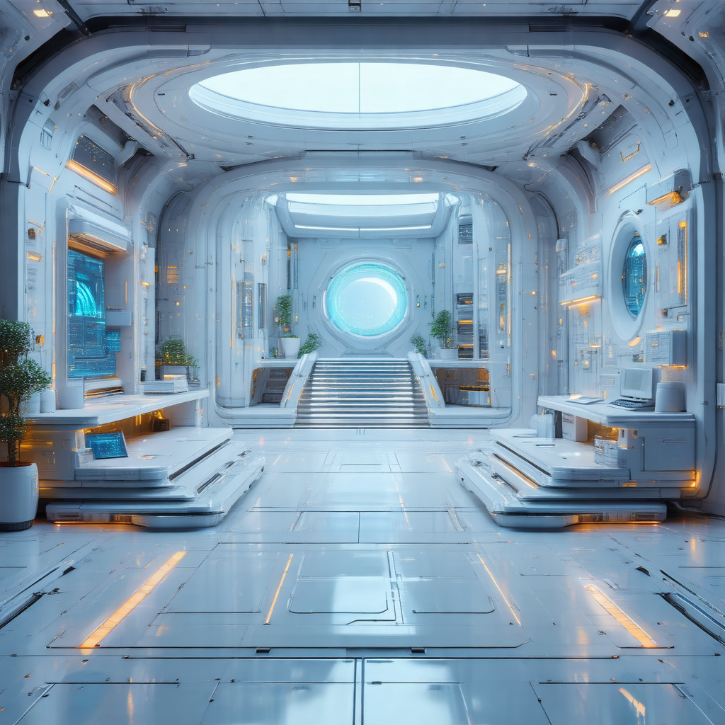 Futuristic, white, and sleek room with a large, round win...