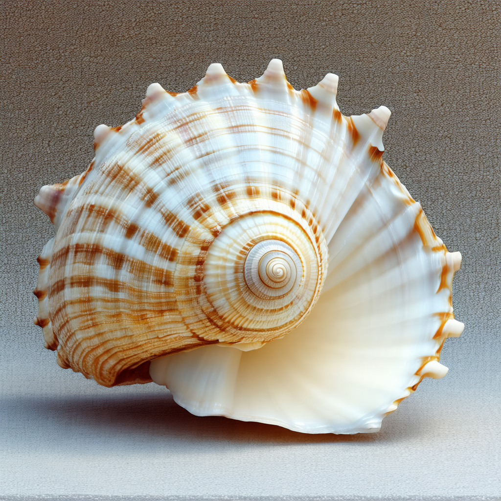 Large, white, spiral shell, likely a conch shell, sitting...